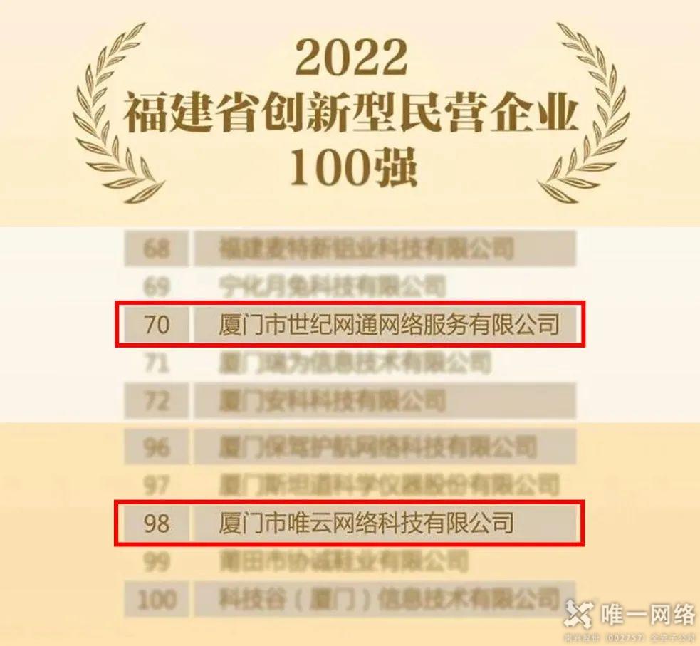唯一網(wǎng)絡(luò)廈門公司入選2022福建省創(chuàng)新型民營企業(yè)百強榜單